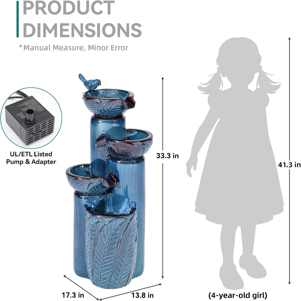 33' H Ceramic Outdoor Water Fountain with LED Lights, 4-Tier Bowl Water Feature with Birds, Teal Blue Glaze, Embossed Leaf Pattern, Cascading Waterfall for Tranquil Garden, Patio, or Porch