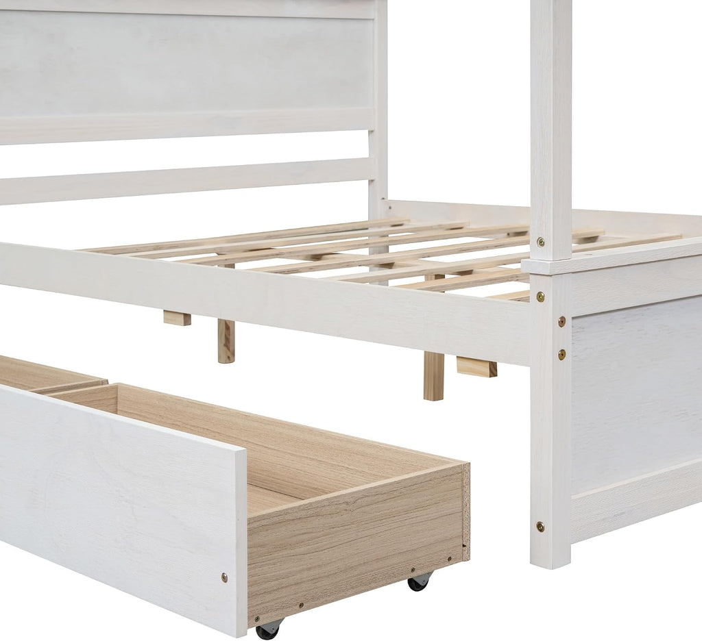 Harper & Bright Designs Wood Canopy Bed with Two Drawers, Full Size Canopy Platform Bed with Support Slats .No Box Spring Needed, Brushed White