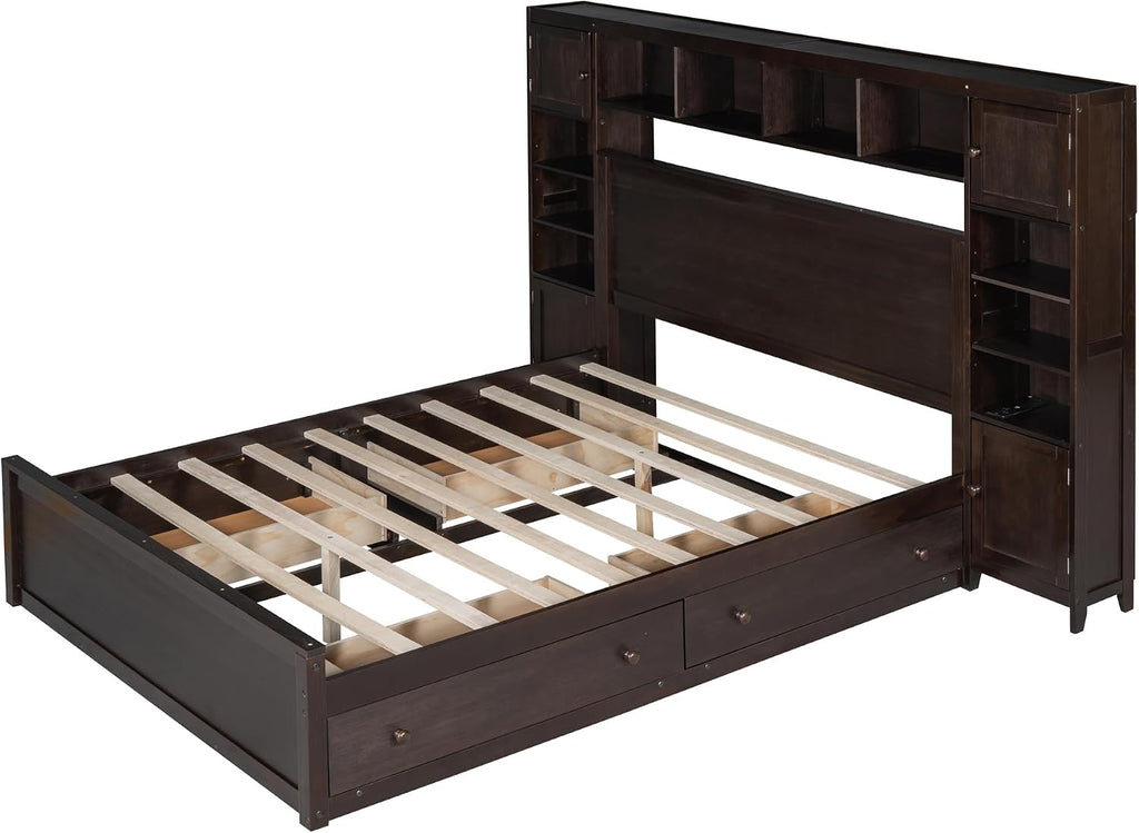 Harper & Bright Designs Espresso Queen Size Platform Bed with All-in-One Cabinet, Shelf and Sockets, Wooden Beds with 4 Storage Drawers, Queen Bed Frame for Bed Room, No Box Spring Needed