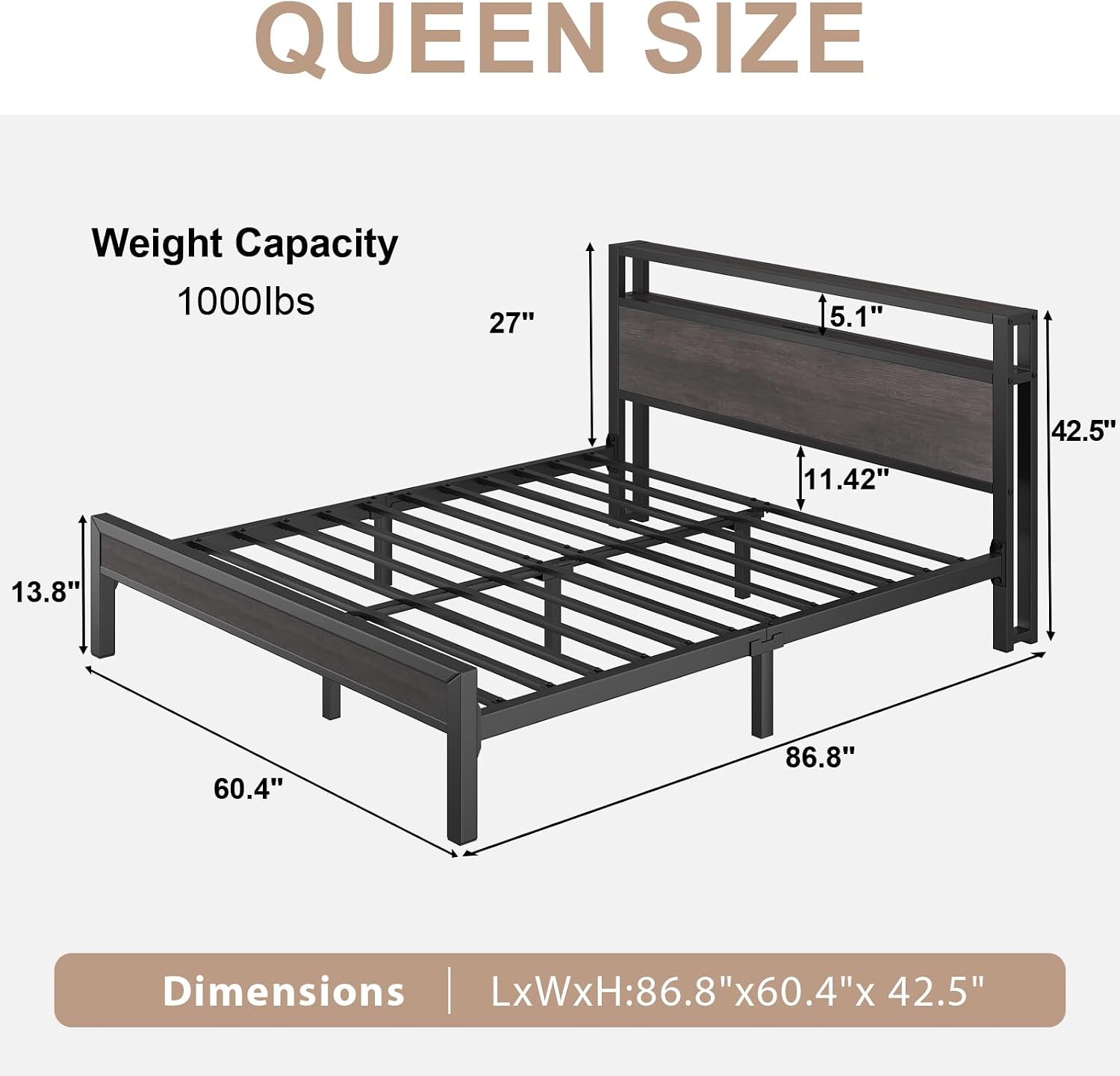 LoVinson Queen Size Bed Frame with Charging Station and LED Lights, Metal Platform Bed with 2-Tier Storage Headboard, Noise Free, No Box Spring Needed, Easy Assembly, Grey