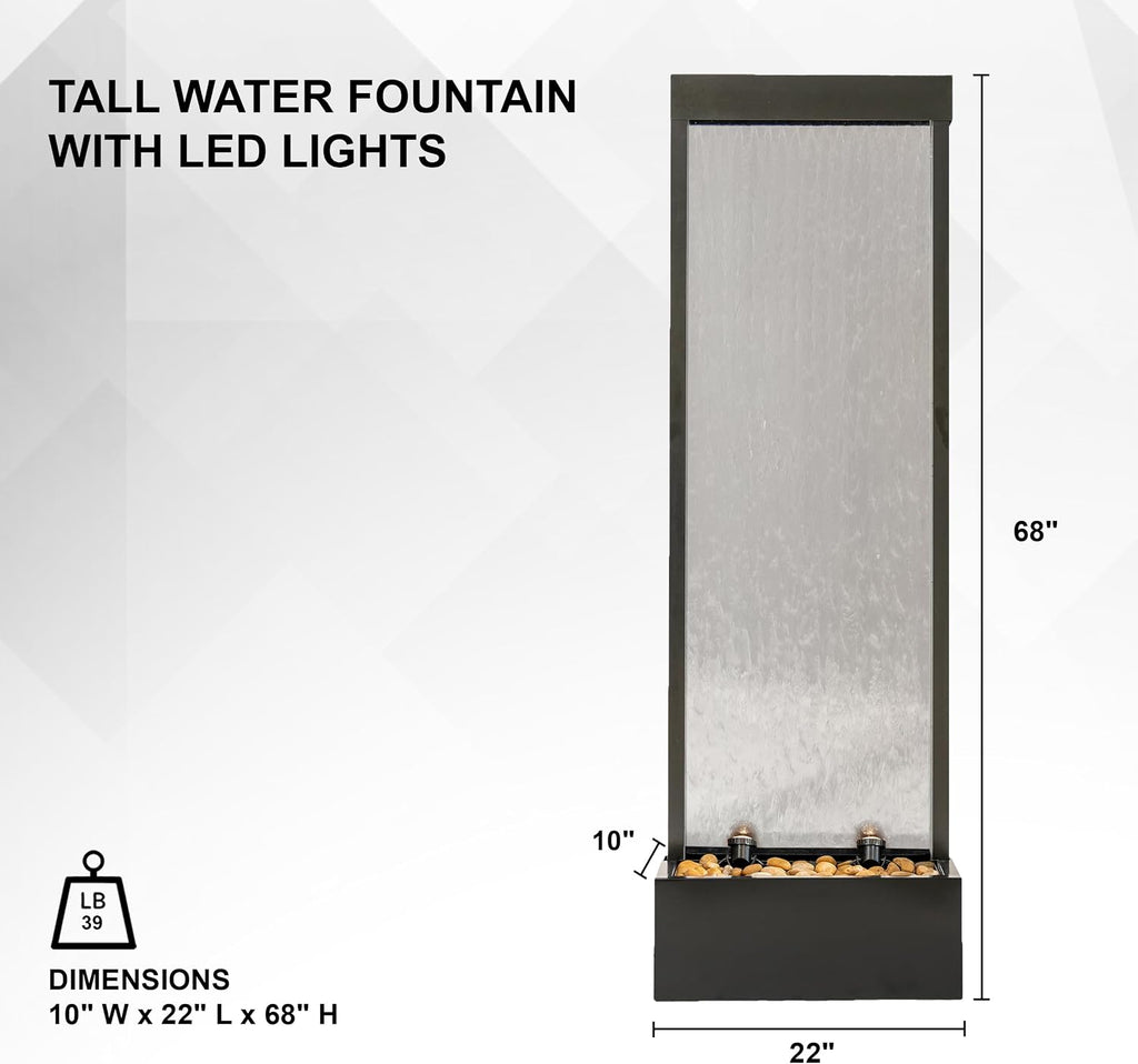 XBrand 68' H Freestanding Modern Waterfall Fountain, Aluminum & Clear Glass, LED Lights, Decorative Rocks, Auto Shut-Off Pump, Indoor/Outdoor, Black