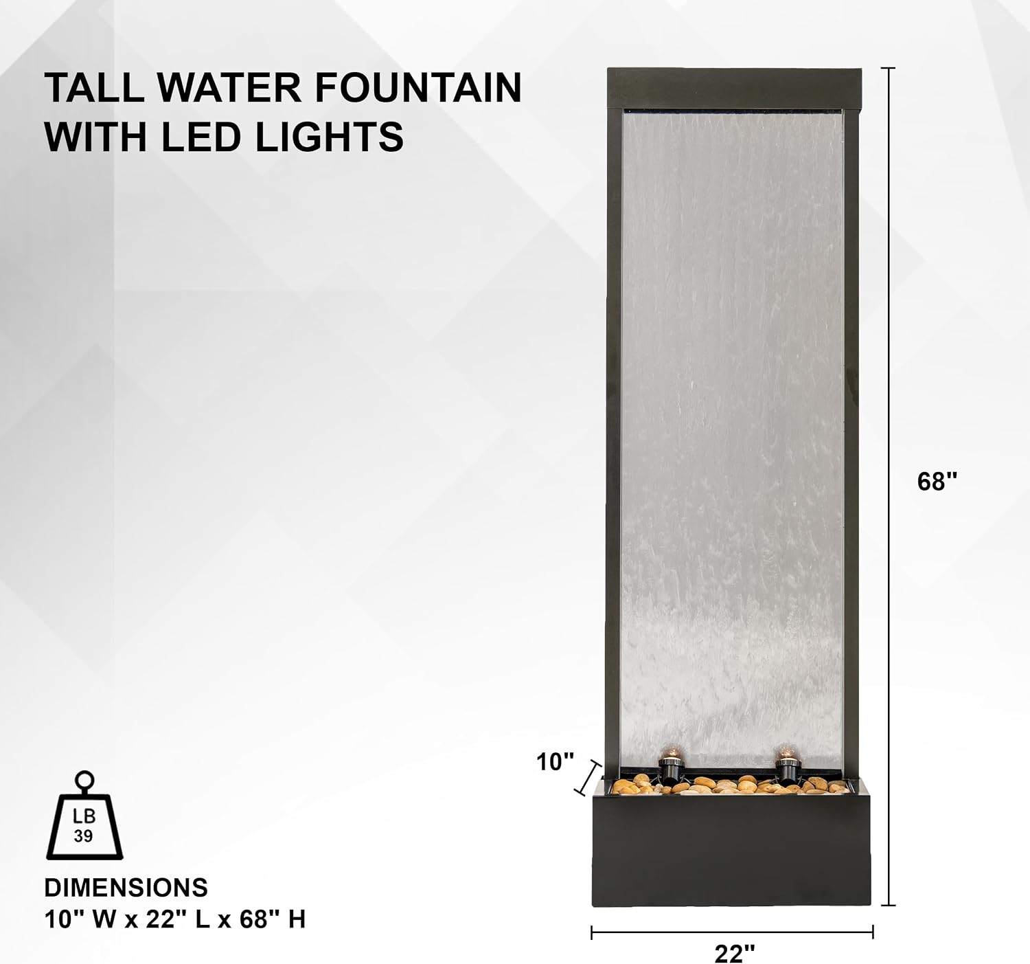 XBrand 68' H Freestanding Modern Waterfall Fountain, Aluminum & Clear Glass, LED Lights, Decorative Rocks, Auto Shut-Off Pump, Indoor/Outdoor, Black