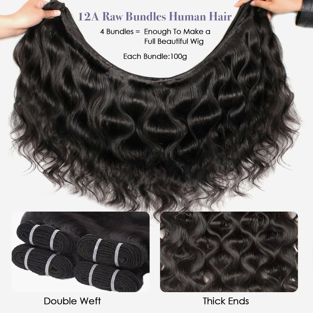 Body Wave Human Hair Bundles 12A Raw Bundles Human Hair,16 18 20 22 Inch Indian Virgin Bundles Human Hair Quick Weave, Triple Lifespan No Tangle Shedding Keep Texture Silky Soft After Multiple Washes