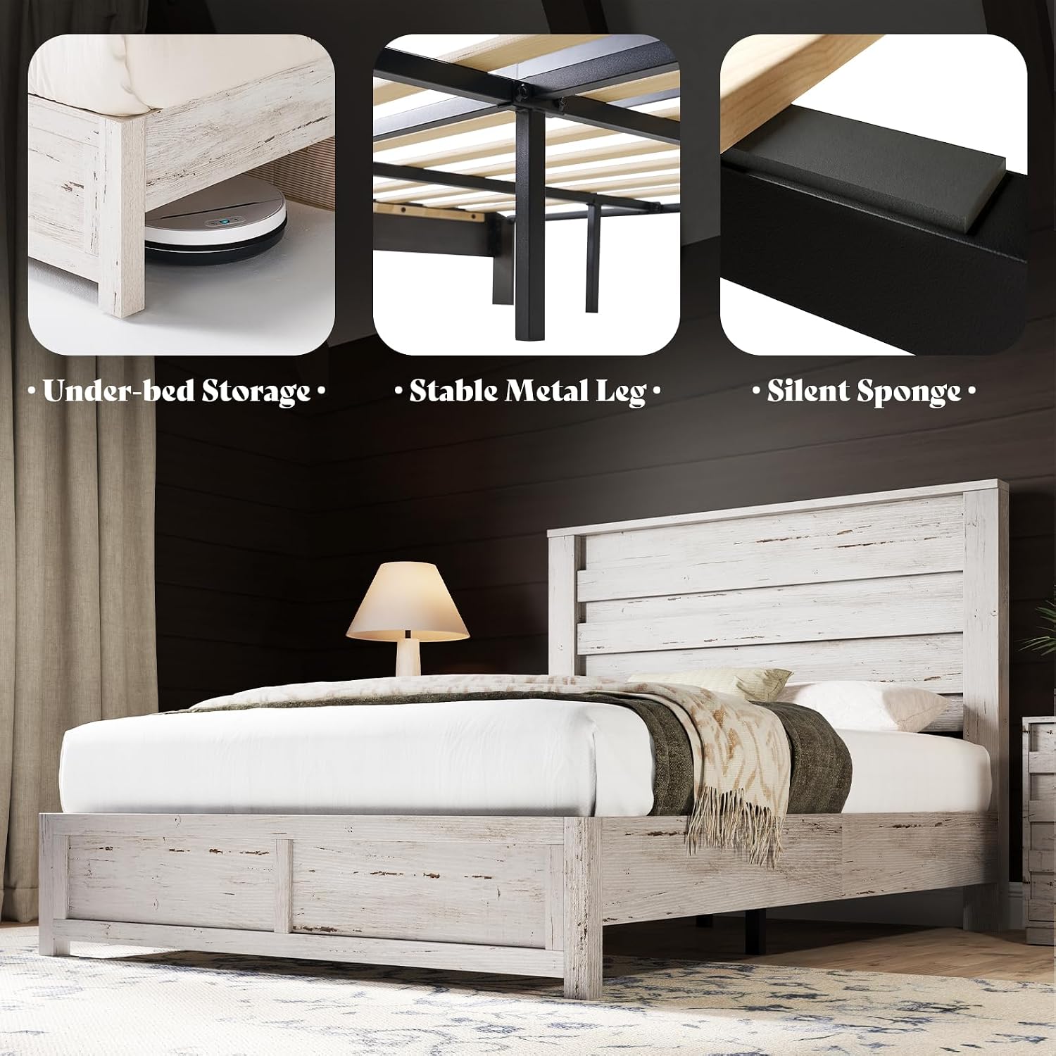 AMERLIFE Farmhouse Full Size Bed Frame with 49' Fluted Headboard, Platform Bed with Natural Wood Grain, No Box Spring Needed/Noise Free, Distressed White