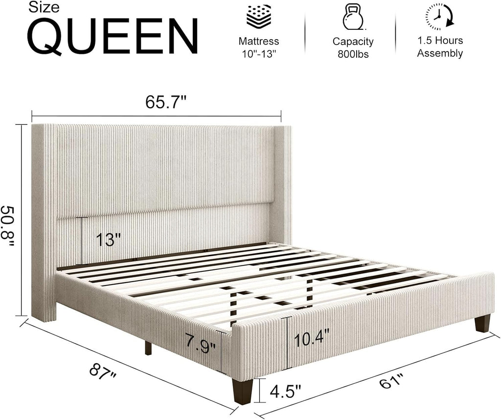HOWE Queen Size Bed Frame with 50.8' Tall Wingback Headboard, Modern Corduroy Upholstered Platform Bed Frame with Solid Wood Slats & Legs, No Box Spring Needed, Noise-Reducing Design, Cream