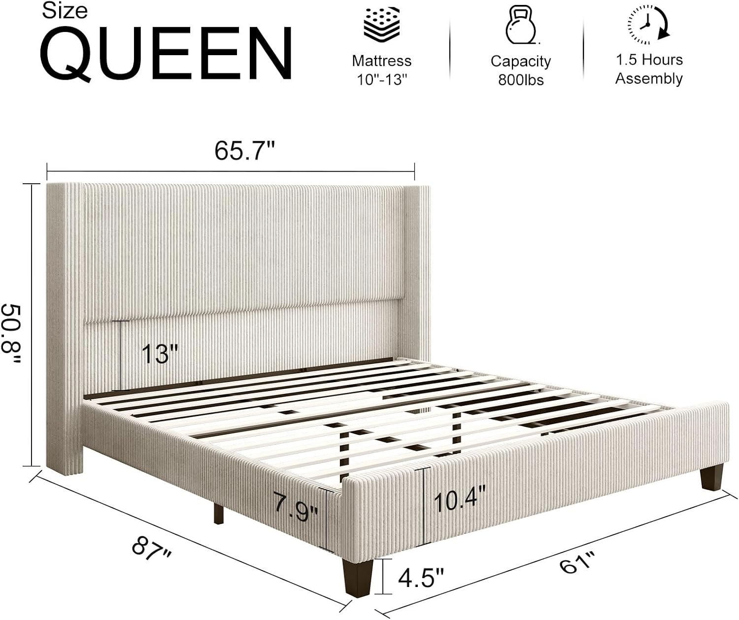 HOWE Queen Size Bed Frame with 50.8' Tall Wingback Headboard, Modern Corduroy Upholstered Platform Bed Frame with Solid Wood Slats & Legs, No Box Spring Needed, Noise-Reducing Design, Cream