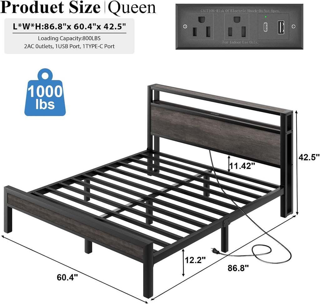 LOEWAY Queen Size Bed Frame with Storage Headboard and LED Lights, Industrial Platform Bed with Charging Station, Heavy Duty Metal Slats, No Box Spring Need, Noise Freee, Grey