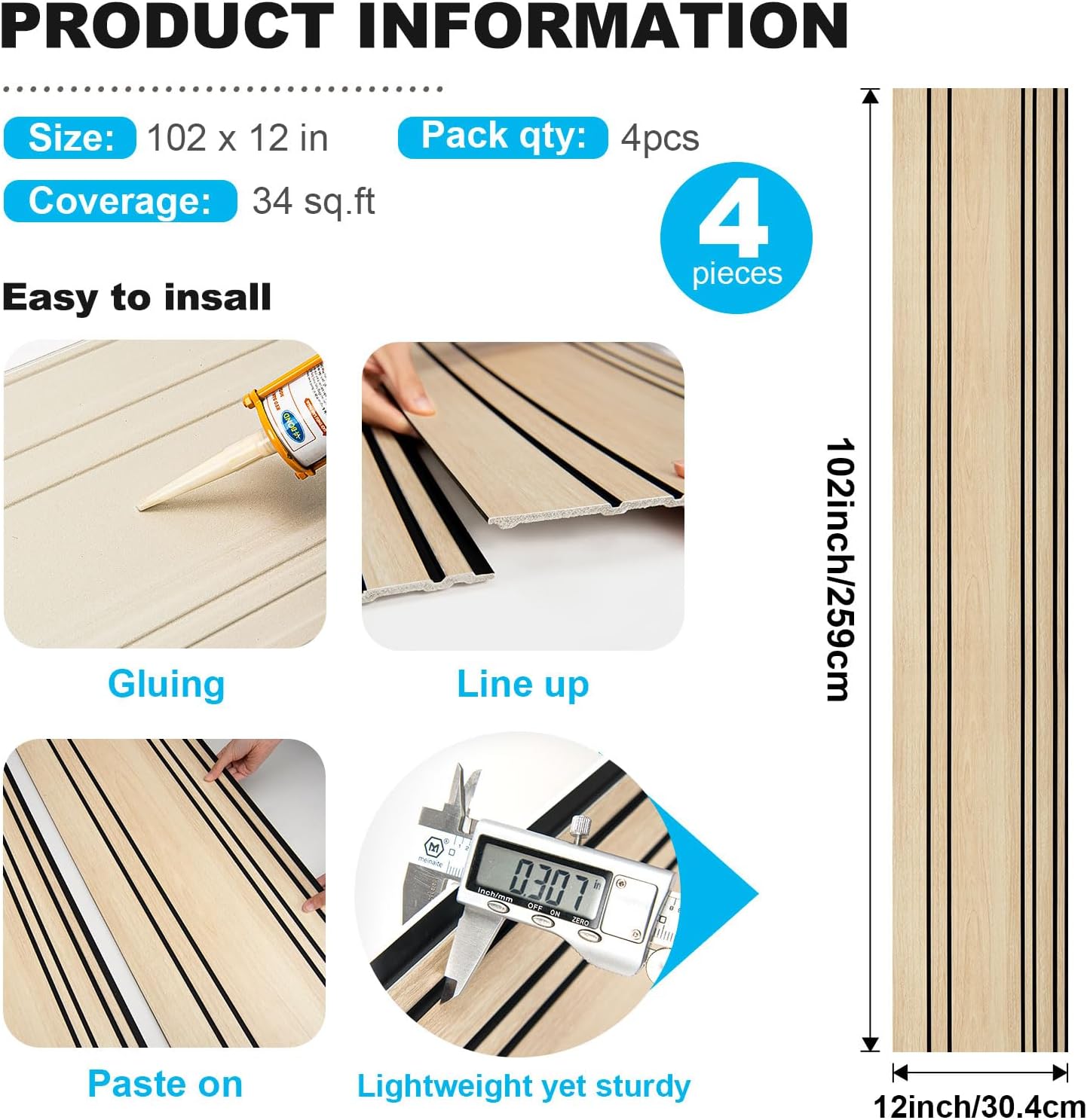 Art3d 4-Pack Glue-On Wall Panels, Wood Grain Texture Interior Wall Decor, 104'x12' Recycled Polystyrene Wainscoting Panels, Low Emission for Living Room Bedroom,Natural Oak