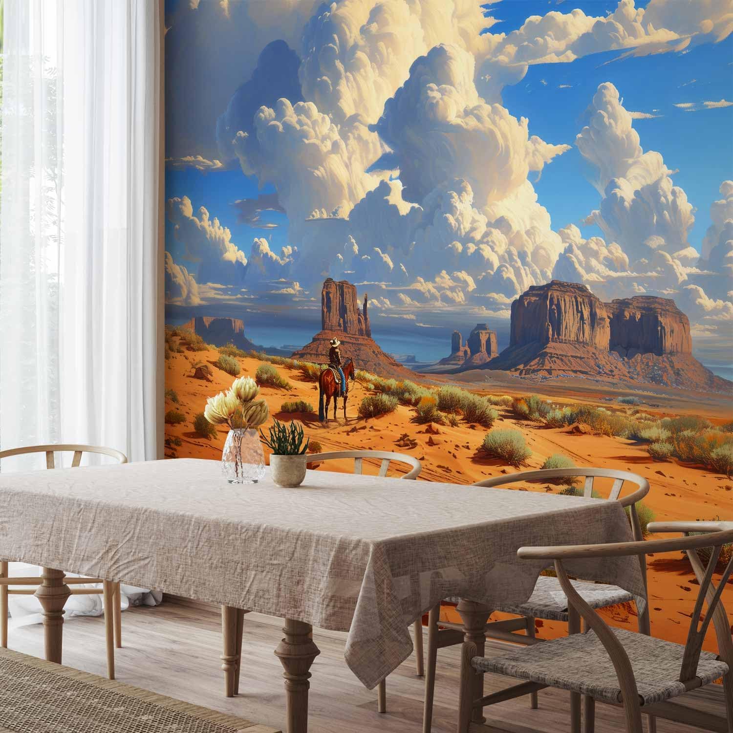artgeist Premium wall Mural Lone Ranger 118x83 in Non-Woven Wallpaper Monument Valley Cowboy Horse Desert Western wall Art Clouds Adventure Horseback Beige Brown Home Decor o-H-10001-a-a