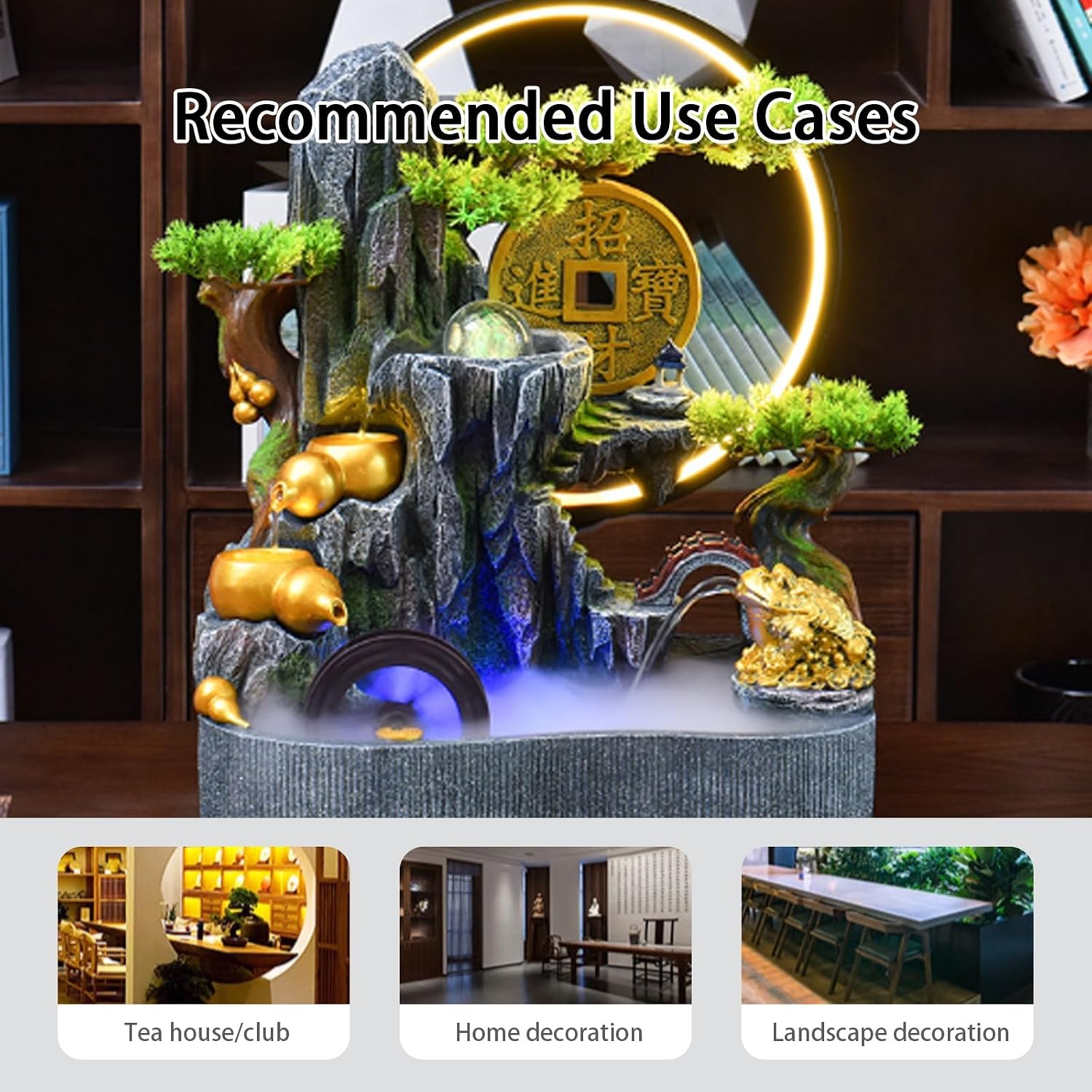 Tabletop Water Fountain, Indoor Bonsai Waterfall with LED Light, Resin Desk for Living Room, Office, Bedroom, Study(A)