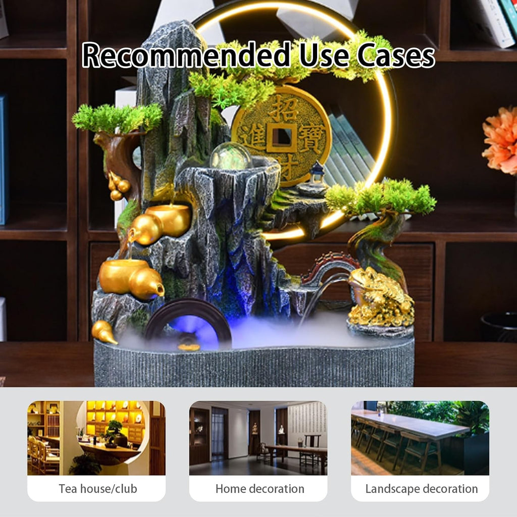 Tabletop Water Fountain, Indoor Bonsai Waterfall with LED Light, Resin Desk for Living Room, Office, Bedroom, Study(B)