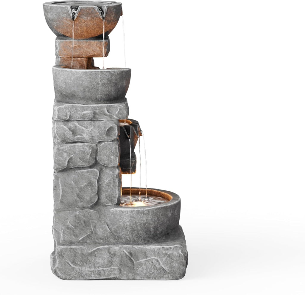 Teamson Home 33' Outdoor Water Fountain with LED Lights, 3-Tier Cascading Bowls, Weather-Resistant Resin Garden Water Feature for Patio, Lawn, and Backyard Decor – Stone Gray