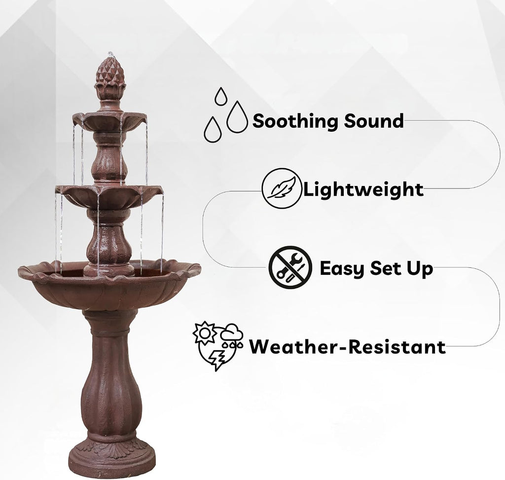 XBrand 51' 3-Tier Outdoor Waterfall Fountain, Weather-Resistant Resin Freestanding Water Feature with Pump, Brown