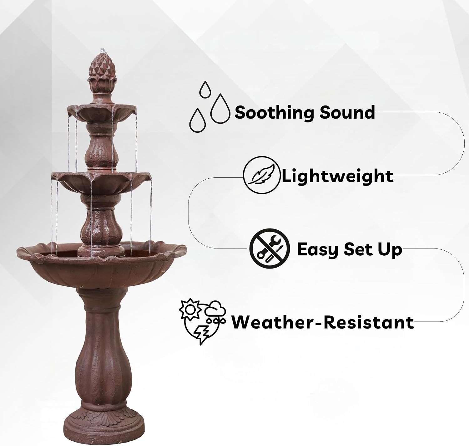 XBrand 51' 3-Tier Outdoor Waterfall Fountain, Weather-Resistant Resin Freestanding Water Feature with Pump, Brown