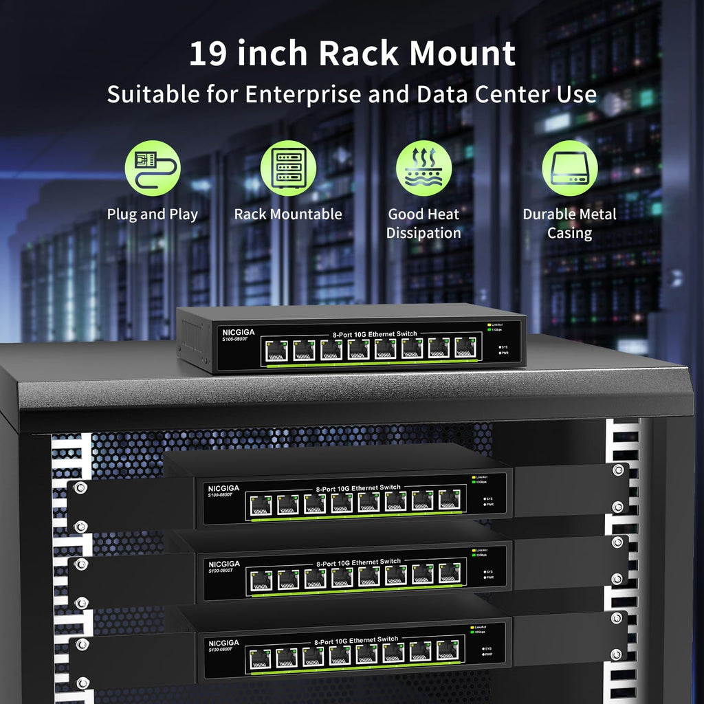 8 Port 10G Ethernet Switch Unmanaged,with 8X 10Gb Base-T Ports, NICGIGA 10Gbps Network Switch Easy for 10G NAS,PC,WiFi7 Router,10G Adapter/NIC. Desktop or 19-inch Rack Mount, Plug and Play.