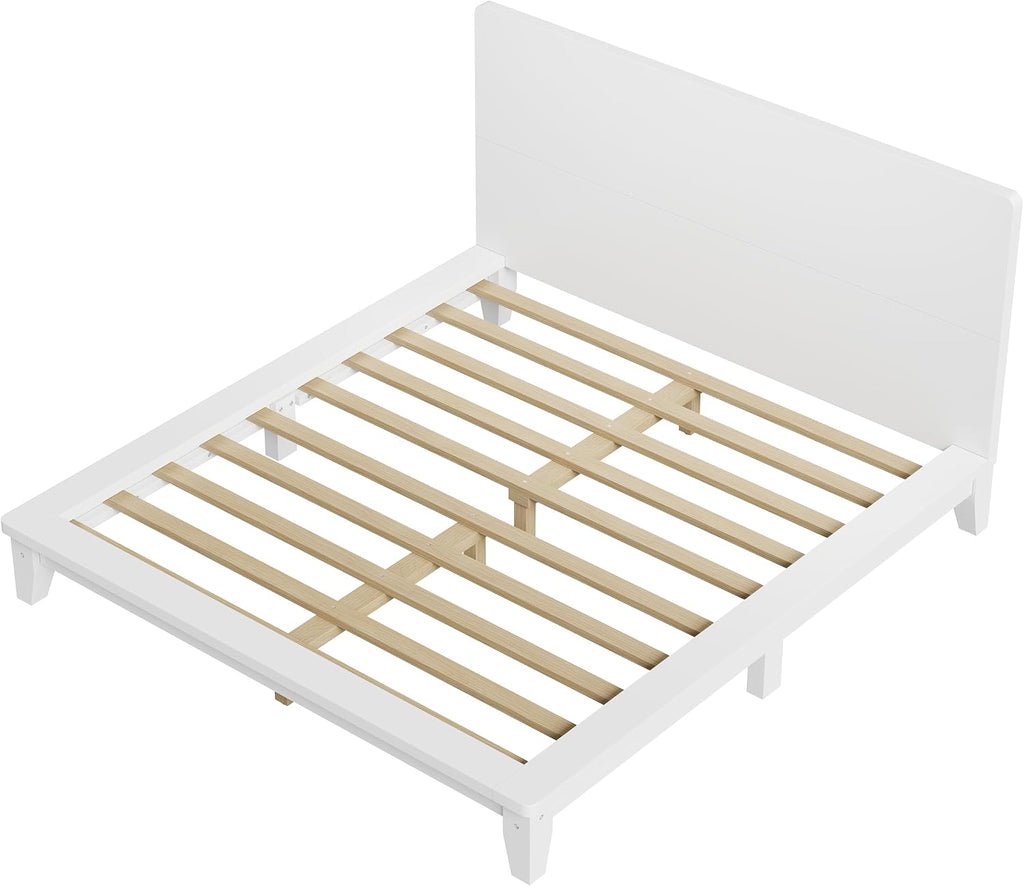 Merax Queen Size Solid Wood Platform Bed Frame, Modern Comfortable with Headboard, Slat Support, No Box Spring Needed, White