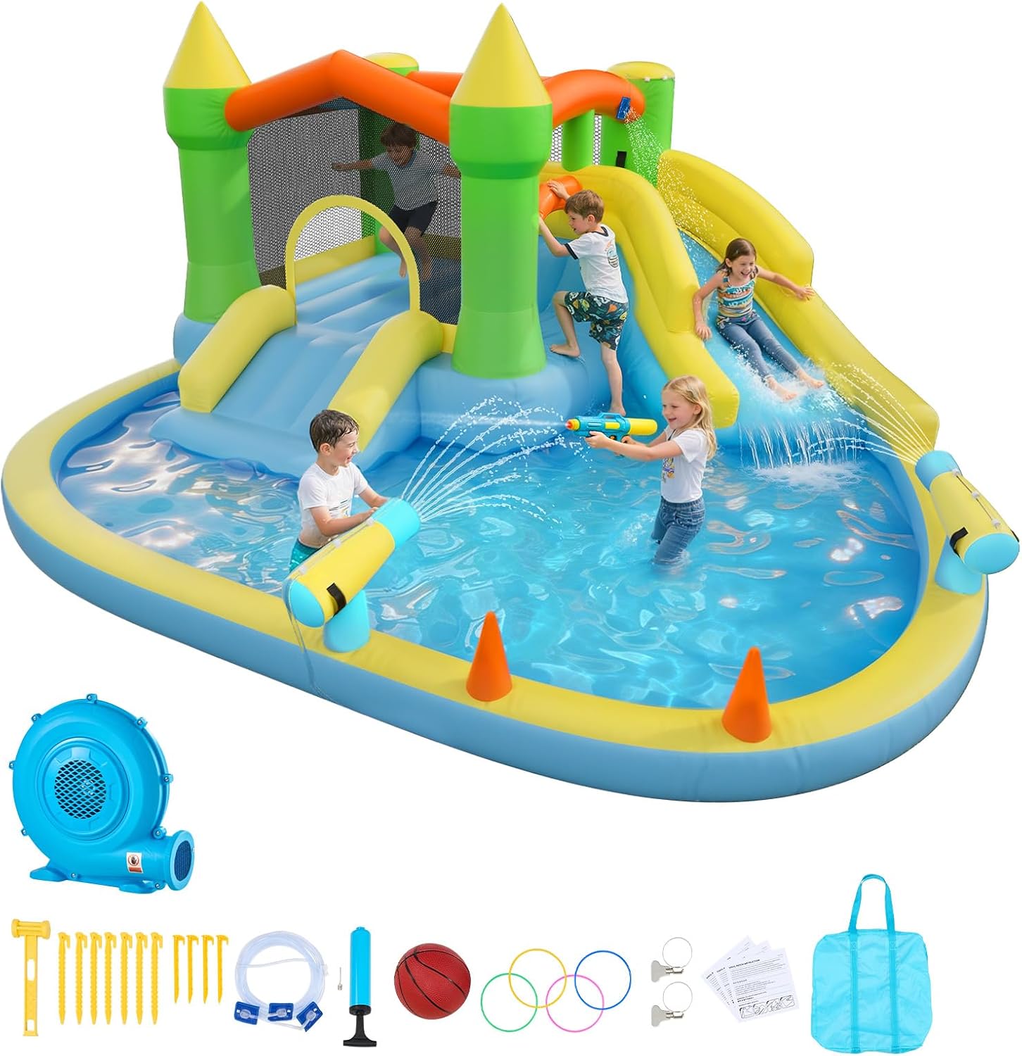 VEVOR Bounce House for Kids, Inflatable Bounce House with Air Blower, Water Slide, Bouncer Castle with Castle Bounces, Basketball Hoop, Splash Pool & Water Ring Toss, for 3 to 4 Kids Ages 3 to 8
