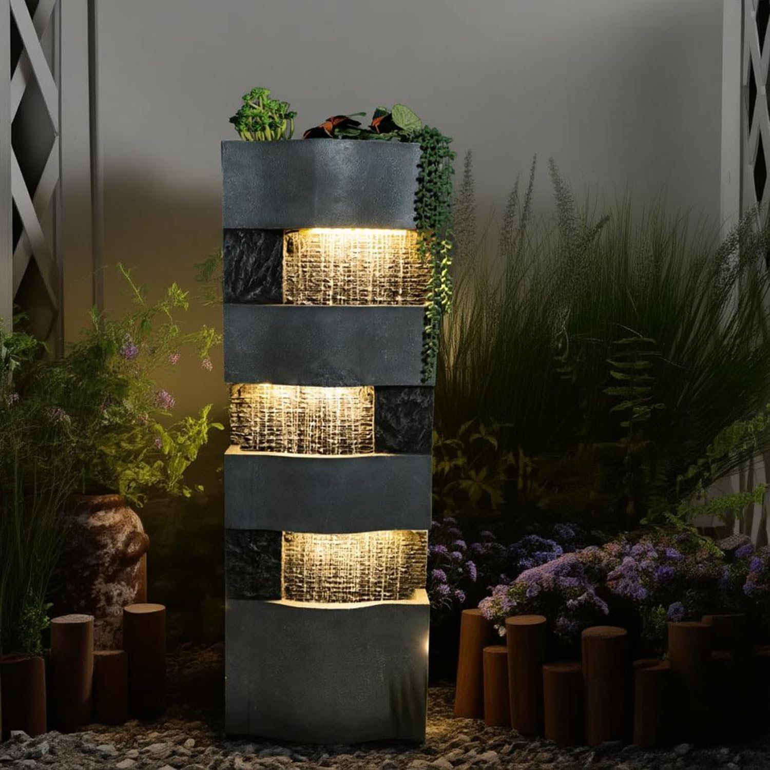 Sunlinua 40.5' H Modern Outdoor Water Fountain with LED Lights – Tall Garden Waterfall Fountain for Patio, Yard, Landscape or Indoor Decor, 4 Tiers Floor Standing Waterfall Outdoor Fountains