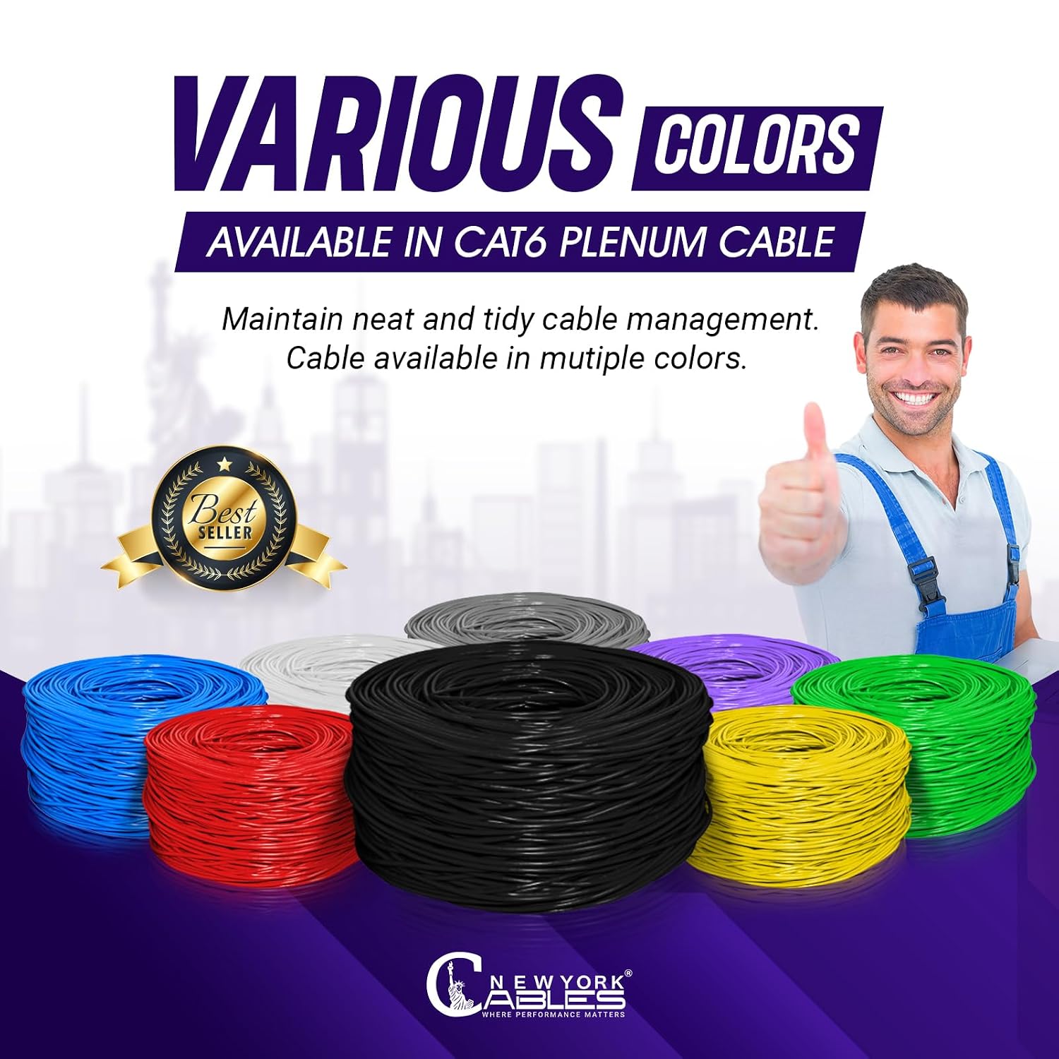 NewYork Cables | CAT6 Plenum Cable 1000ft | 23AWG, UTP 4Pairs, 550MHz 10Gbps Most Certified (CMP) Rated | Fire-Resistant | Bulk Cat 6 Ethernet Cable for Networking (1000ft, Solid Conductor, Black)