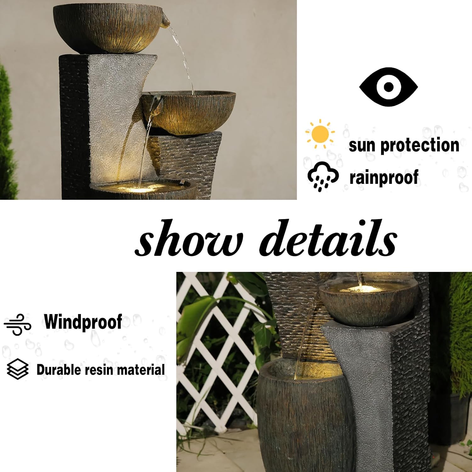 Bumilgar 51.6'' H Tall Outdoor Water Fountain, 5-Tier Resin Cascading Crock Bowls with LED Lights, Garden Water Feature and Waterfall for Porch, Deck, Patio, Yard, and Home Décor, Dark Gray