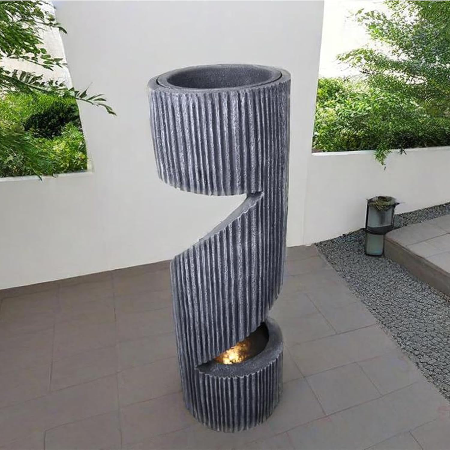 Large Spiral Waterfall Fountain with LED and Planter - Indoor/Outdoor Resin Garden Water Feature, Decorative Waterfalls & Fountains for Patio, Yard 11.8'x11.8'x39.4'(Gray) (Deep Gray)