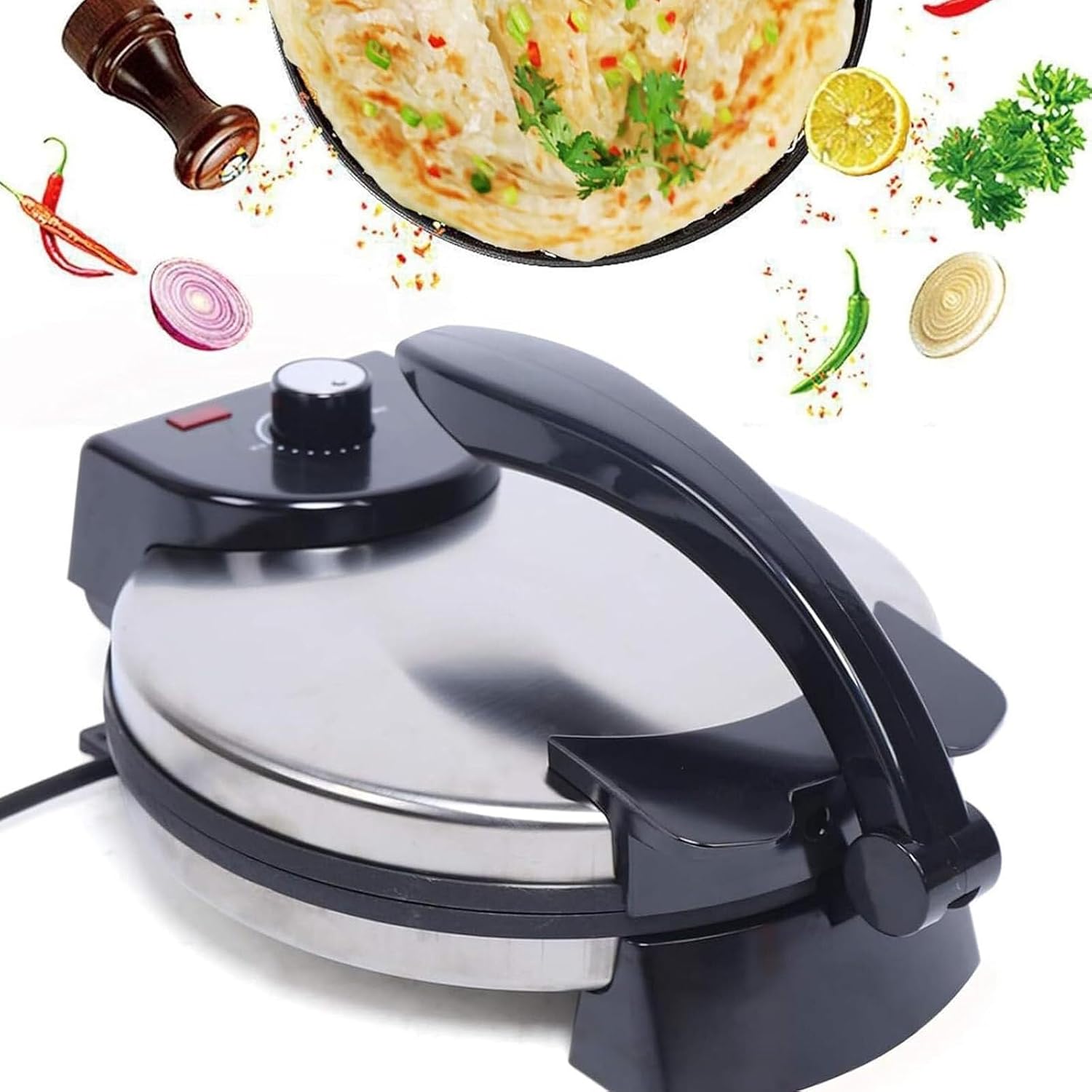 10in Electric Tortilla Maker, Knob Temperature Control Non Stick Roti Maker with Stainless Steel Cover(220v)