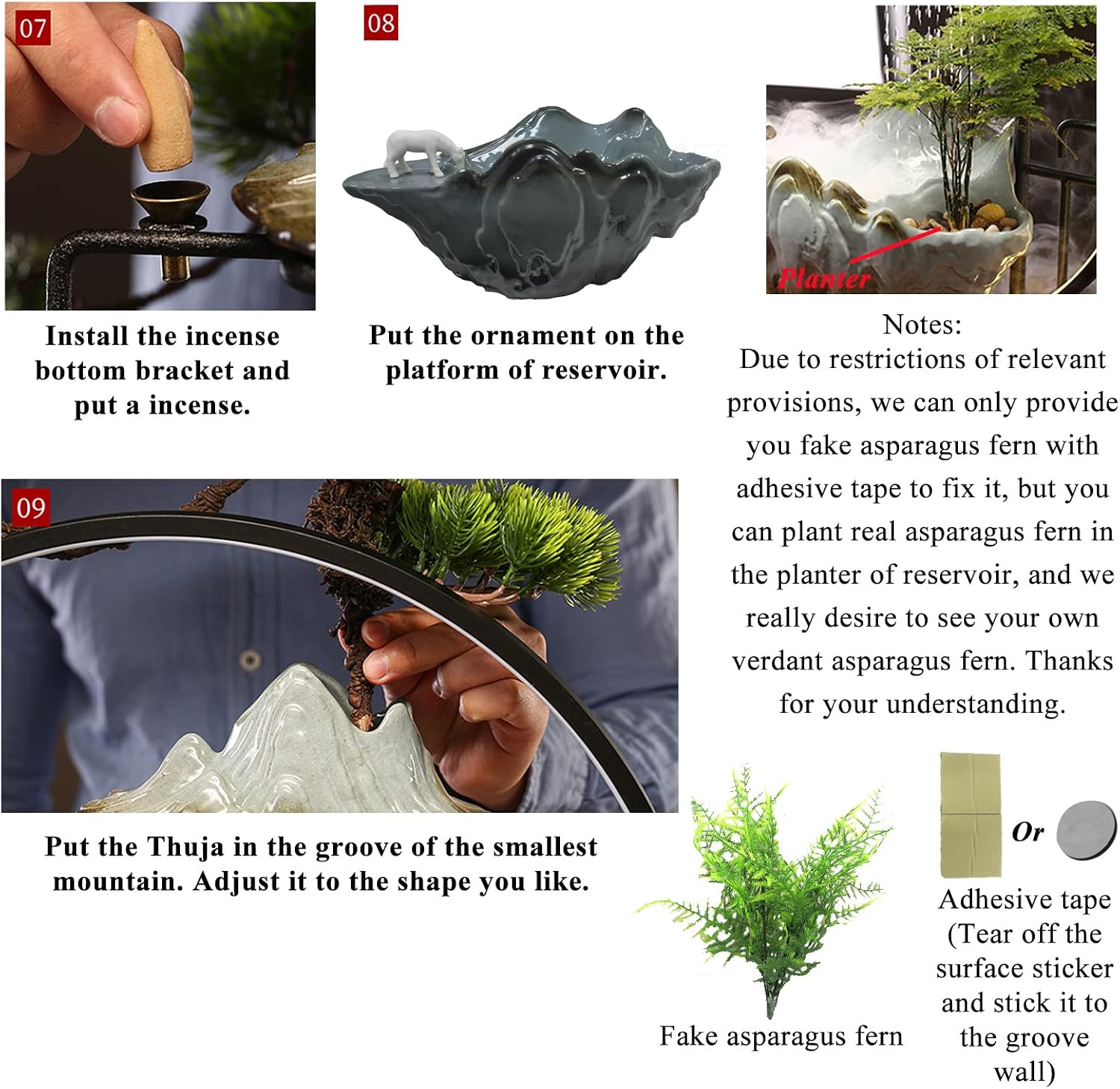 Peacock Tabletop Water Fountains Indoor Waterfall with LED Light Zen Decor for Meditation with Mist Japanese Decor with Fake Plants Feng Shui Decoration for Good Luck Wealth