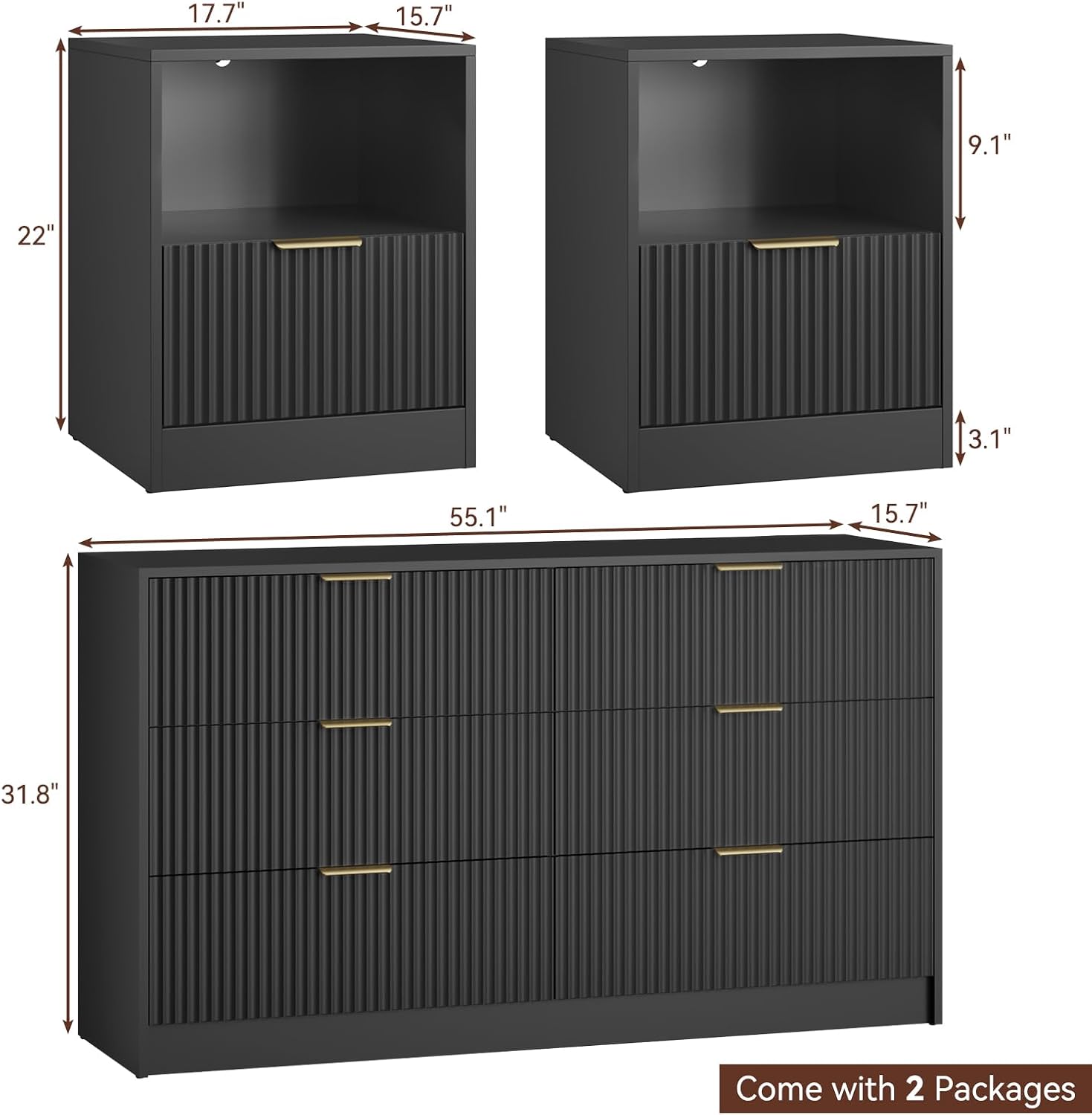6 Drawer Dresser & Nightstand Set 3-Piece, 55' Wide Bedroom Set Night Stand Set of 2 with Metal Handle, Fluted Modern Wood Chest of Drawers Storage Dressers Set for Bedroom, Black