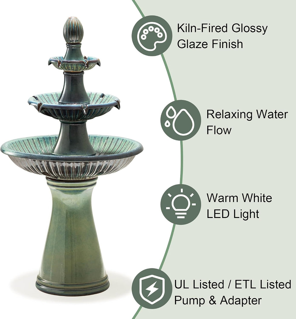 Glitzhome Water Fountain Outdoor Floor-Stand Fountain with LED Light & Pump, Oversized 3 Tier Ceramic Turquoise Waterfall Patio Fountains and Waterfalls Outdoor Yard Fountains for Lawn Garden Backyard