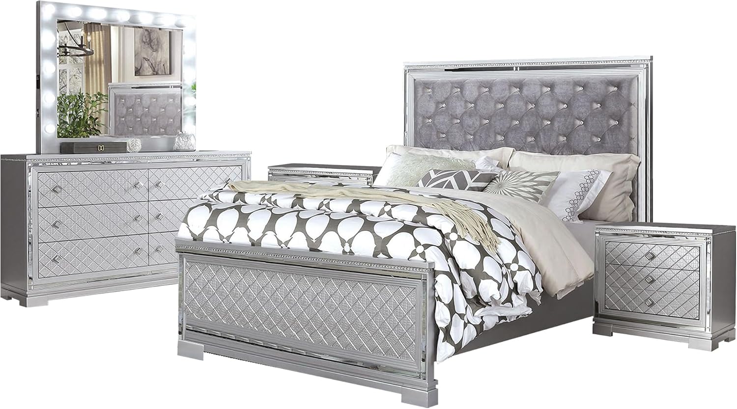 simple relax 5 Piece Queen Size Bedroom Set, Silver