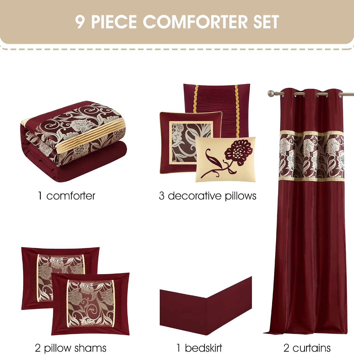 Stratford Park Red and Gold Comforter Set King Size, 9 Piece Jacquard Floral Bedding Set, All Season, Ultra-Soft, Matching Pillows & Shams, Bed Skirt, Curtains