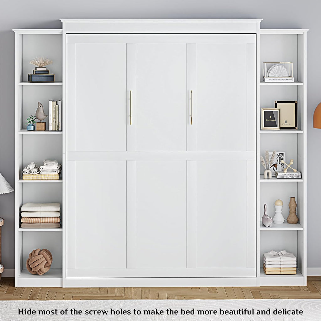 Rophefx Full Murphy Bed Cabinet with 5-Tier Adjustable Storage Shelves, Wood Full Wall Bed Cabinet Bed, Space Saving Beds, Hidden Bedframe, Foldable Platform Beds for Guest Room, Bedroom, White