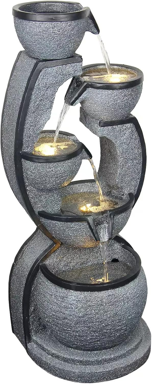 Water Fountain Outdoor 37.4''H Modern Garden Fountains Decor with LED Lighting Resin Indoor Waterfall for Garden, Floor Patio, Deck, Porch, Backyard and Home Art Decor