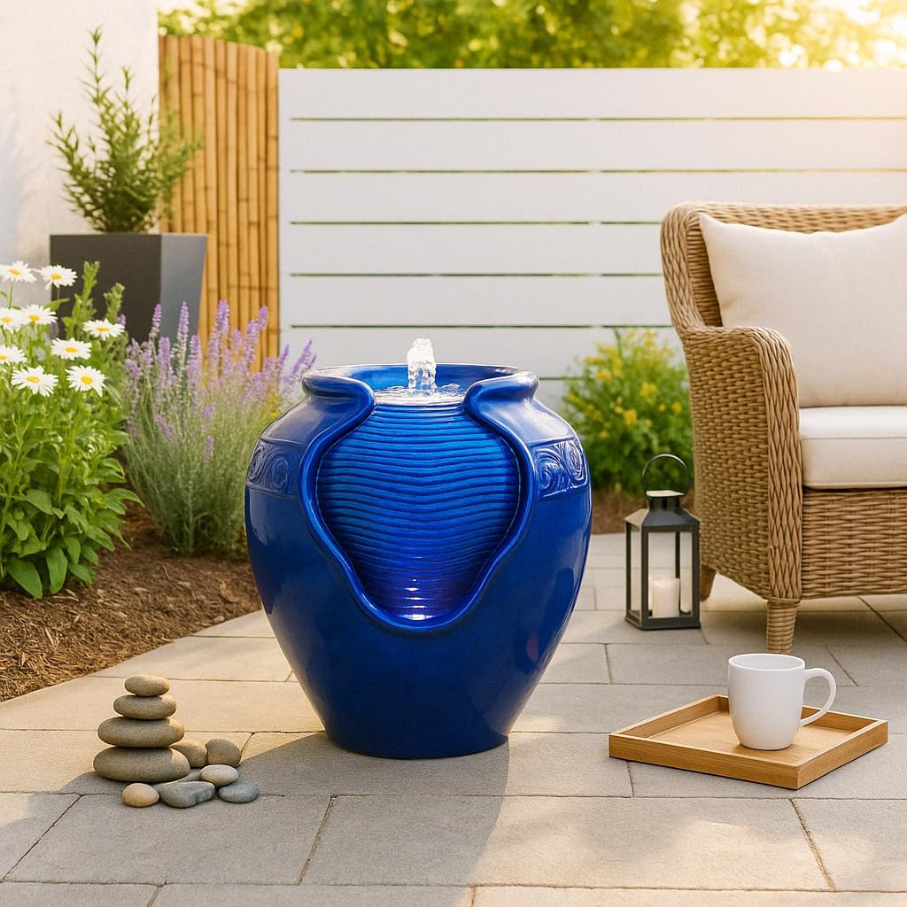 Teamson Home Outdoor Water Fountain, Glazed Pot Ceramic Look with LED Lights & Pump, Royal Blue, 16.93' Patio Garden Water Feature, Cascading Zen Fountain for Backyard, Porch, Deck, Home Decor