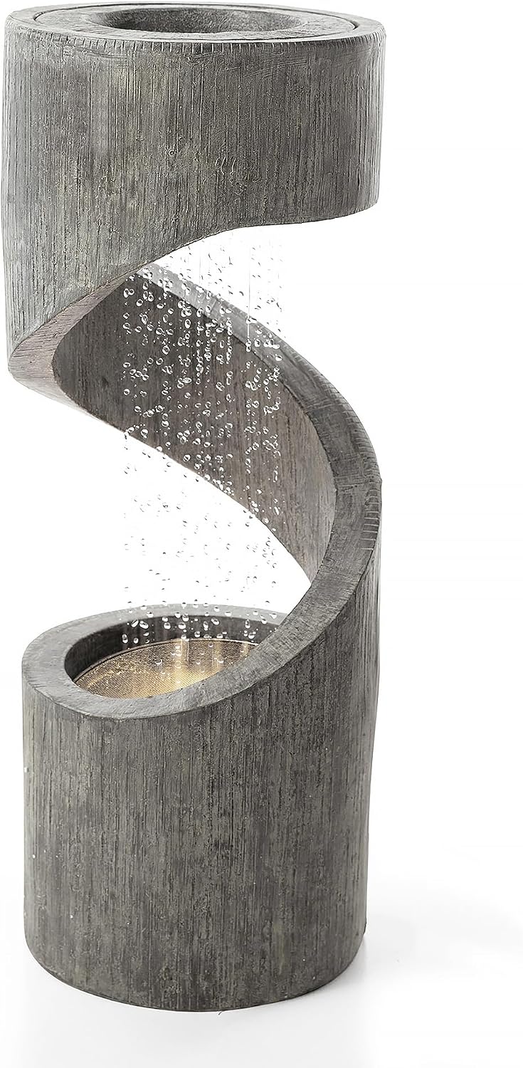 Glitzhome Outdoor Fountain with LED Light, Spiral Water Fountain Outdoor with Stone Planter, Modern Curved Waterfall Fountains Water Feature for Garden Patio, 31.3'H