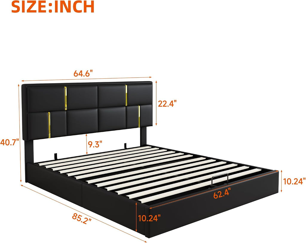 JIVOIT Upholstered Platform Bed with Hydraulic Storage System, Queen Size Storage Bed with Headboard and Wood Slats Support, Space Saving Wood Platform Bed Frame for Bedroom (Black,Bed,5)