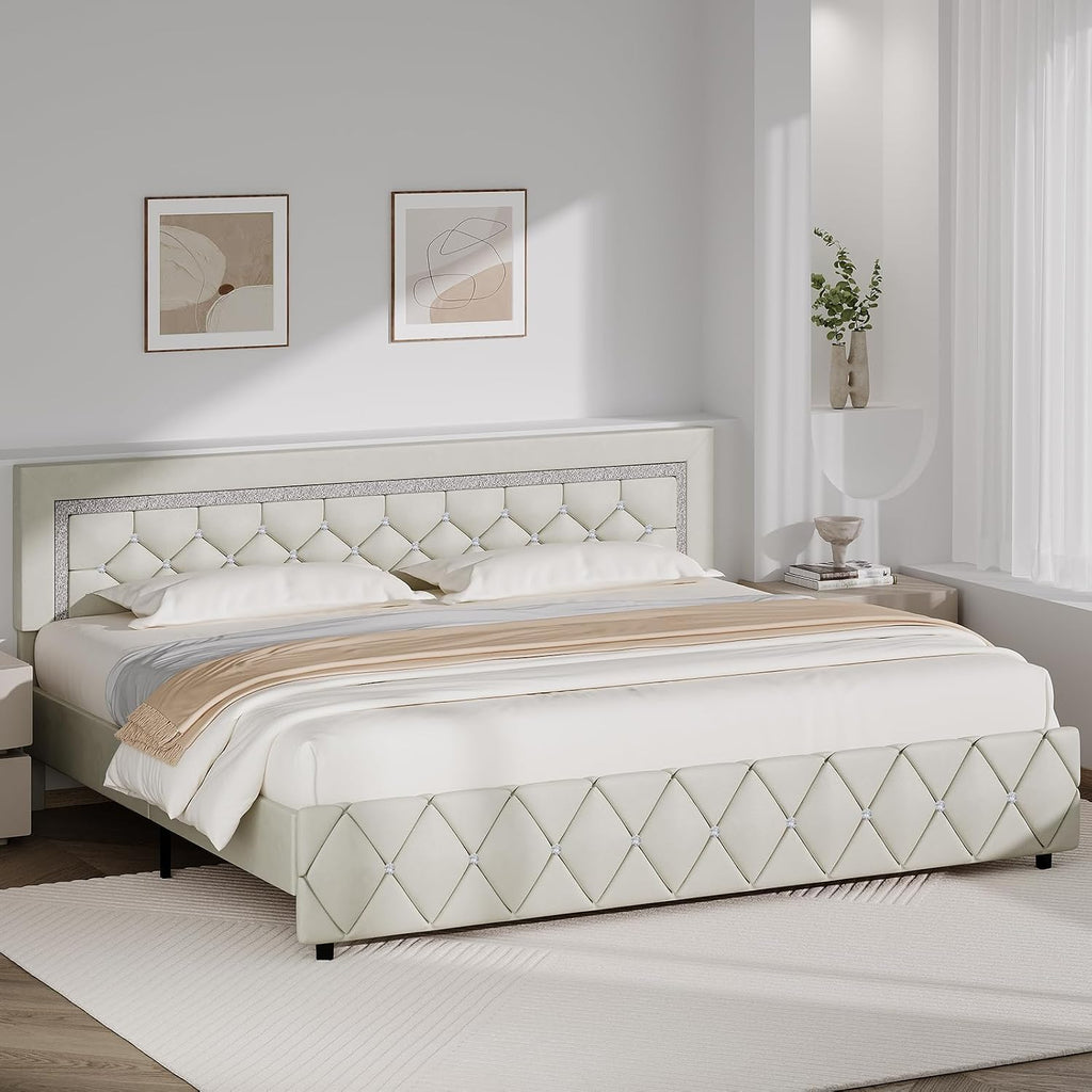 BarnFurin King Bed Frame with Diamond Tufted Headboard, Faux Leather Upholstered Bed with Wooden Slats Support, No Box Spring Needed, Mattress Foundation, Easy Assembly, Cream