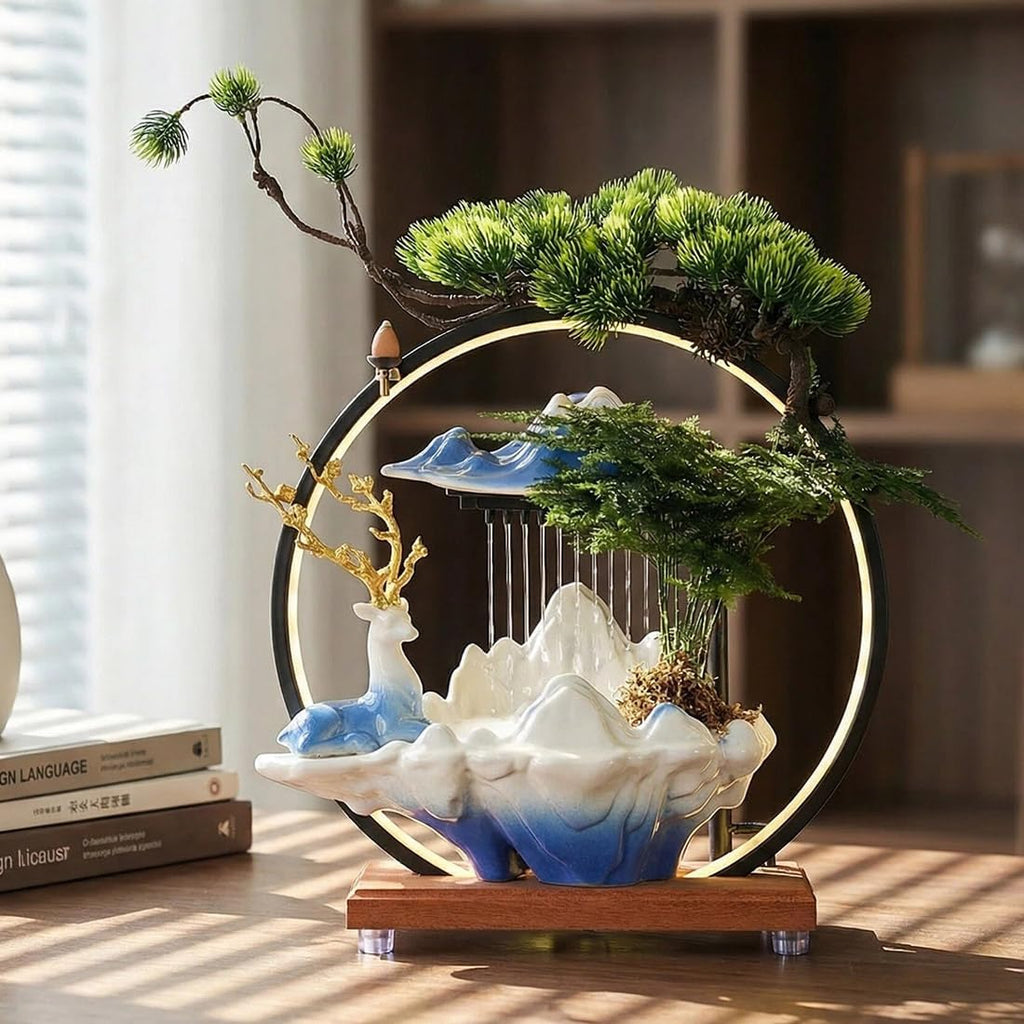 Tabletop Water Fountain Ceramic Deer Statue - Backflow Incense Holder with Adjustable USB LED Light Ring, Quiet Mini Indoor Waterfall Water Feature for Home Office Meditation Zen Relaxation Gift
