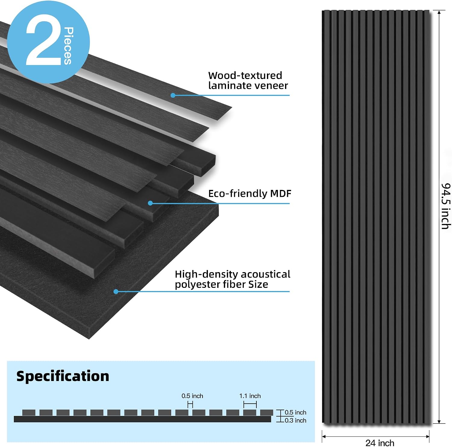 Art3d 2 Pack 94.5 x 24 inch Wood Slat Acoustic Panels for Wall & Ceiling - 31 sq.ft 3D Fluted Sound Absorbing Panel with Wood Finish, Matte Black