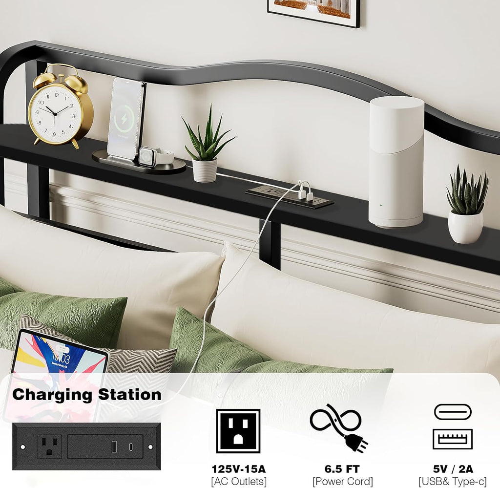 Twin XL Bed Frames with Headboard Metal Mattress Foundation 18 Inch Tall Bed Frame No Box Spring Needed Black Platform Bed Frame with Charging Station (18 Inch-A1, Twin XL)