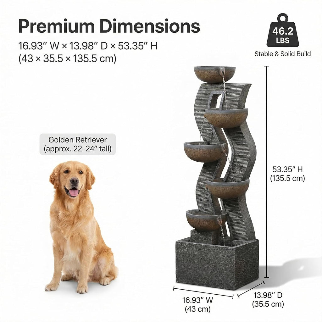 Bumilgar 52.8 Tall Garden Water Fountain Outdoor for Garden, Patio, Backyard, Deck, Porch and Home Art Decor, 6 Tiers Modern Cascading Large Outdoor Fountain with Lights