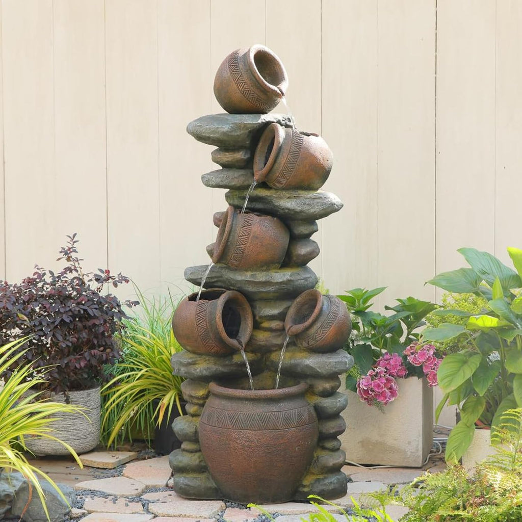 60' H Large Outdoor Water Fountain, 5-Tier Cascading Waterfall Fountain Feature with LED Lights, Rustic Crock Garden Water Feature for Patio, Backyard, Porch, Indoor & Outdoor Décor