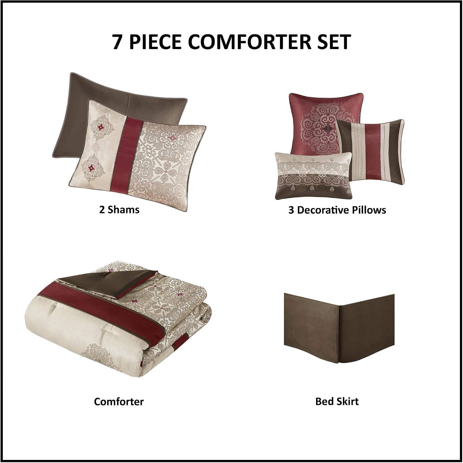 Madison Park Comforter Faux Silk-Traditional Luxurious Jacquard Design All Season Set, Matching Bed Skirt, Decorative Pillows, King(104'x92'), Red 7 Piece