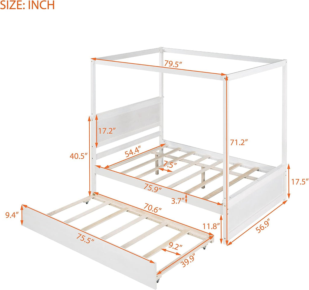 Harper & Bright Designs Wood Canopy Bed with Trundle Bed,Full Size Canopy Platform Bed with Support Slats .No Box Spring Needed, Brushed White