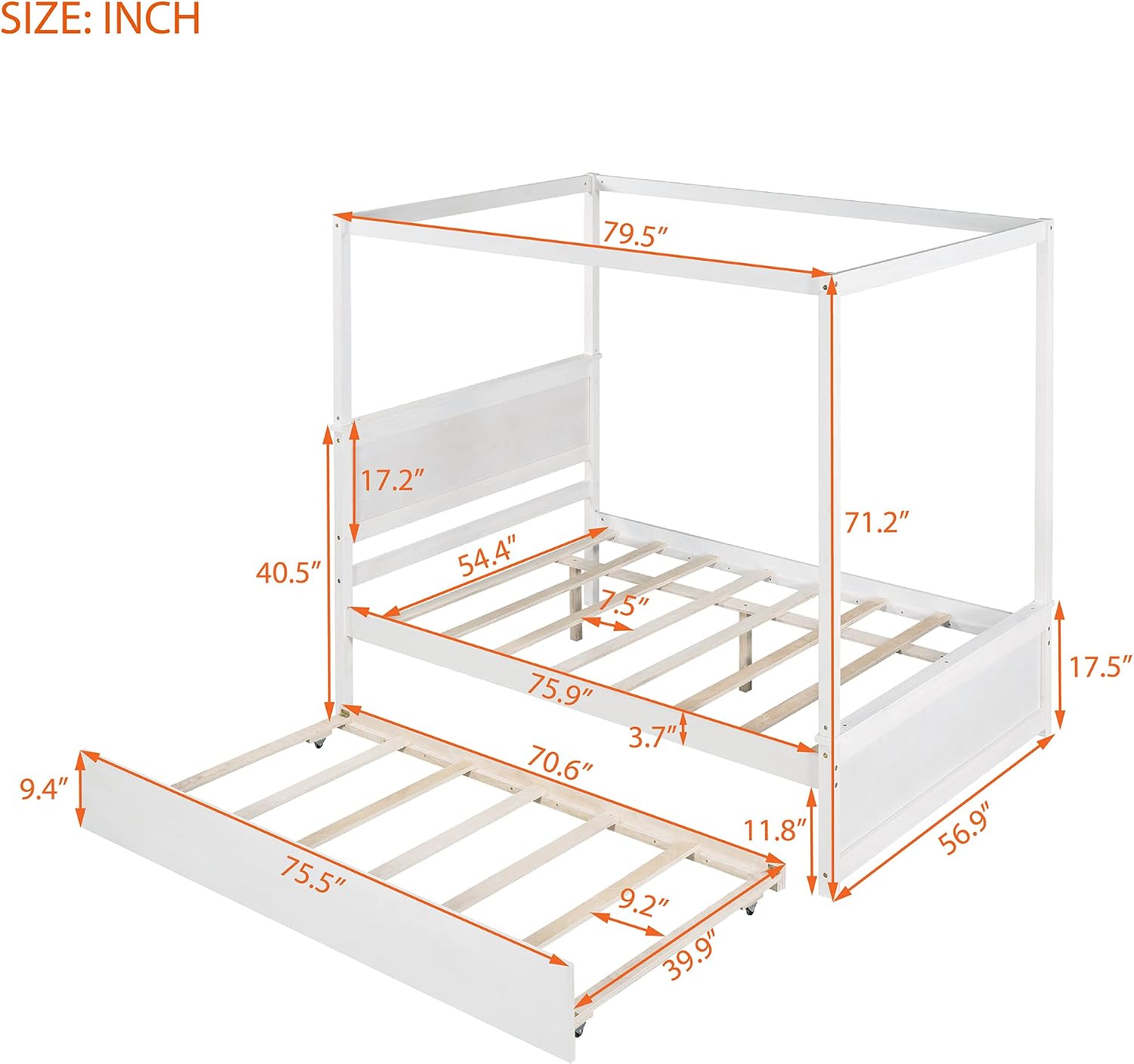 Harper & Bright Designs Wood Canopy Bed with Trundle Bed,Full Size Canopy Platform Bed with Support Slats .No Box Spring Needed, Brushed White