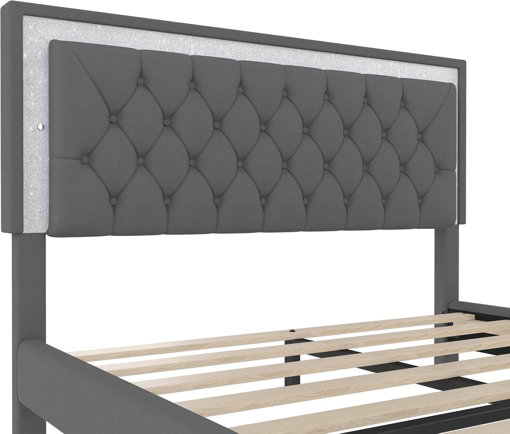 GDFStudio Homay 3-Piece Bedroom Sets, Queen Size Upholstered Platform Bed with Two Nightstands, Upholstered Velvet Bed Frame, Adjustable Headboard, Slat Support, No Spring Box Needed, 44-46'' H, Gray