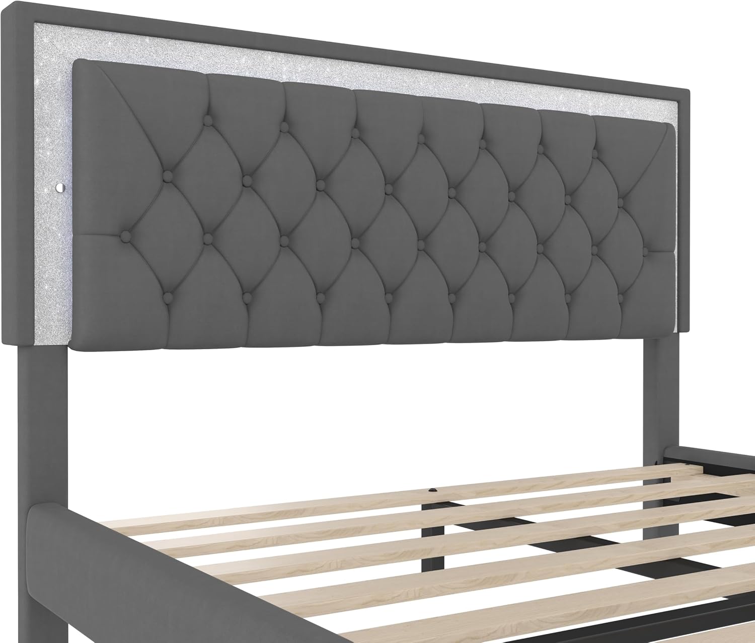 GDFStudio Homay 3-Piece Bedroom Sets, Queen Size Upholstered Platform Bed with Two Nightstands, Upholstered Velvet Bed Frame, Adjustable Headboard, Slat Support, No Spring Box Needed, 44-46'' H, Gray