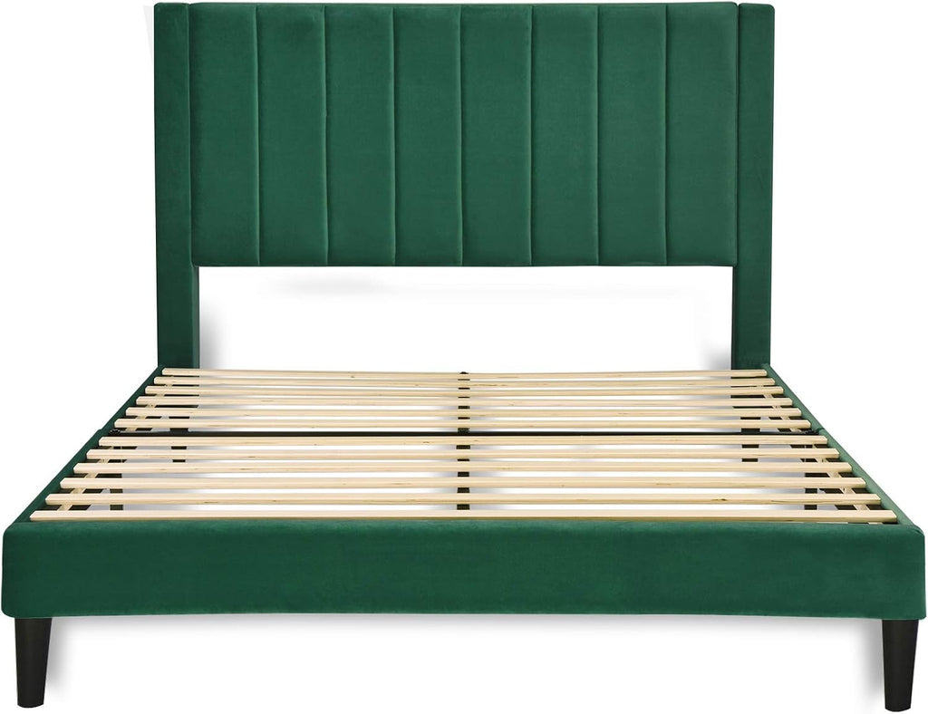 Allewie Queen Bed Frame/Velvet Upholstered Bed Frame with Vertical Channel Tufted Headboard/Strong Wooden Slats/Platform Bed Frame/Mattress Foundation/Box Spring Optional/Easy Assembly/Green