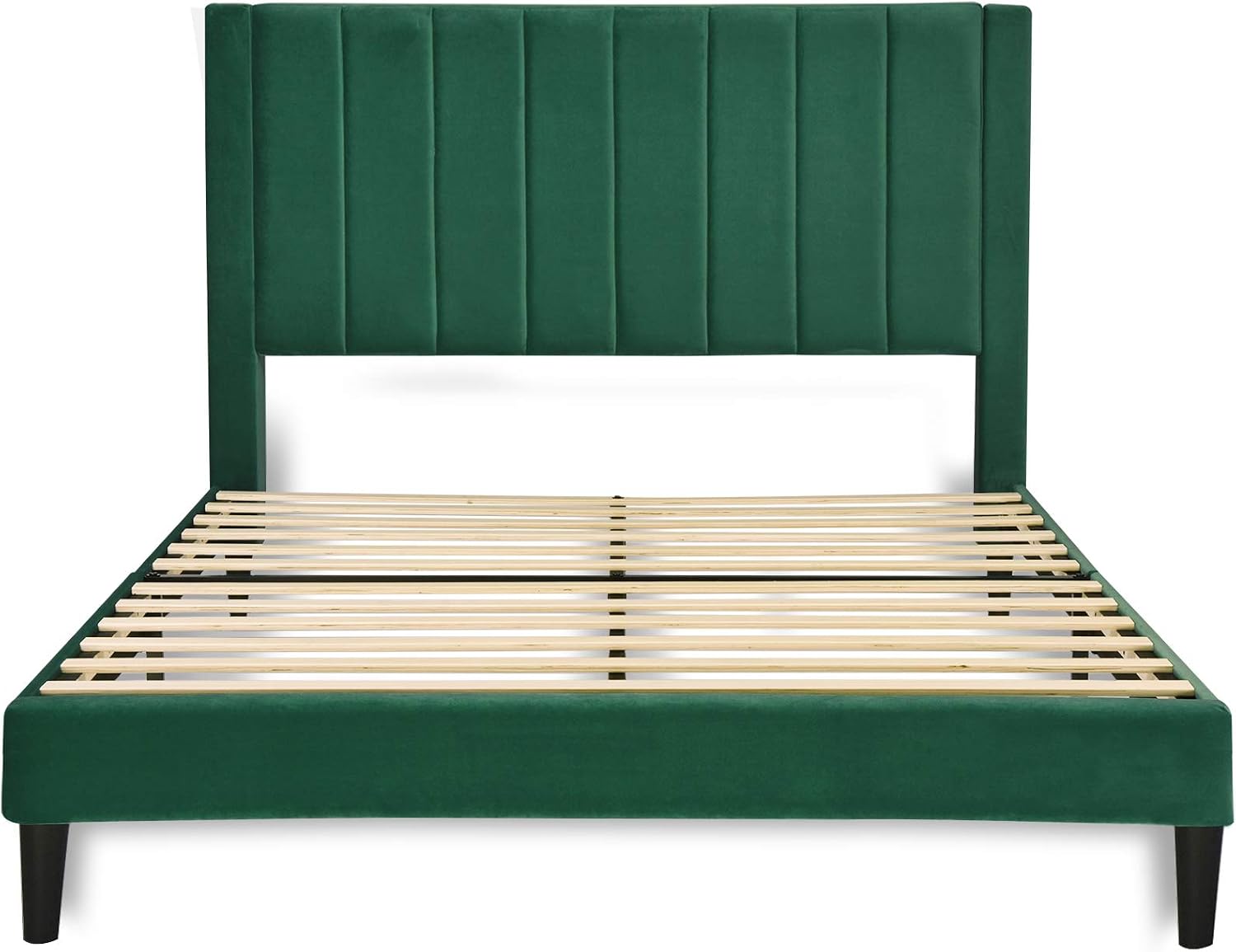 Allewie Queen Bed Frame/Velvet Upholstered Bed Frame with Vertical Channel Tufted Headboard/Strong Wooden Slats/Platform Bed Frame/Mattress Foundation/Box Spring Optional/Easy Assembly/Green