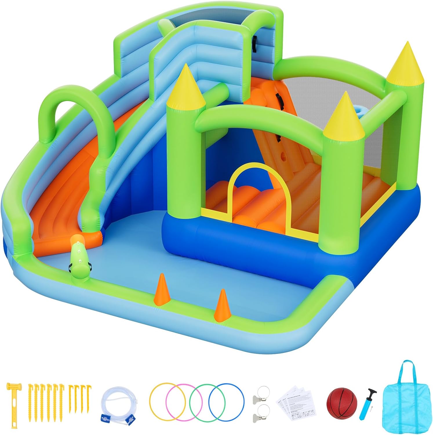 VEVOR Inflatable Water Slide Bounce House with Blower, Compact 5-in-1 Kids Bouncy Castle with Slide Splash Pool Climbing Wall Basketball Hoop & Bounce Area for Kids